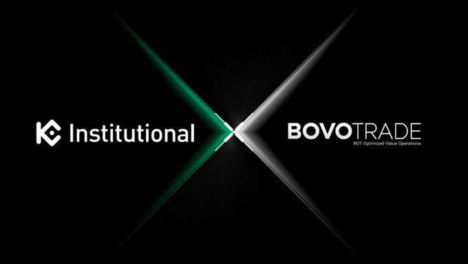 A dark promotional graphic featuring two logos facing each other across an X-shaped design: "KC Institutional" on the left and "BOVOTRADE (BOT Optimized Value Operations)" on the right.
