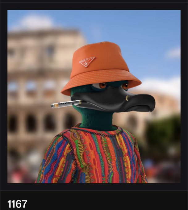 A 3D-rendered anthropomorphic duck character wearing an orange Prada bucket hat and a colorful patterned sweater, holding a cigarette in its beak, with the number "1167" in the corner.