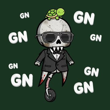A stylized illustration of a skeletal figure in a pinstripe suit wearing sunglasses with a green turtle on its head, surrounded by 'GN' text on a dark green background.