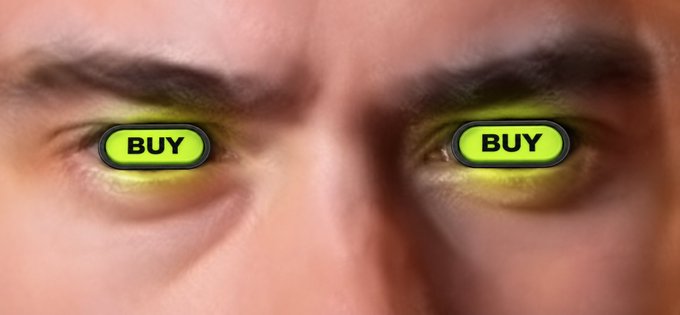 A close-up photo of a person's eyes with bright yellow-green eyeshadow, edited to include 'BUY' buttons reflected in both pupils.