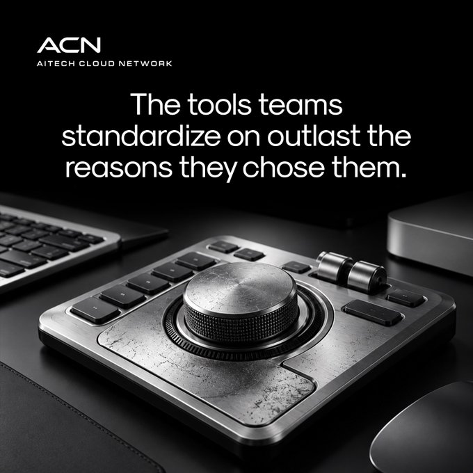 The image features a worn, metallic control deck with a large central dial and various buttons, flanked by a keyboard and what appears to be a Mac mini, with the ACN (AI Tech Cloud Network) logo and tagline "The tools teams standardize on outlast the reasons they chose them." displayed above. The aged, weathered control panel visually reinforces the post's message about technology being adopted for specific reasons but persisting long beyond those original justifications.