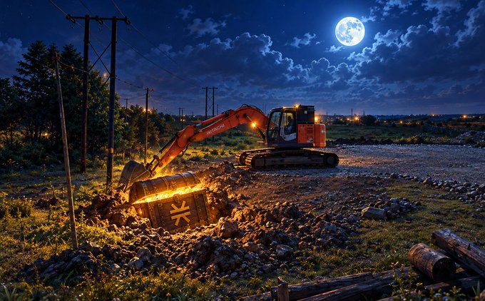 A nighttime illustration of an orange Hitachi excavator digging at a construction site under a full moon and cloudy sky, with power lines and wooden logs scattered around.