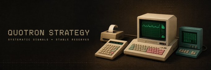A retro-styled promotional image featuring vintage computer terminals and monitors with green CRT displays, alongside a receipt printer and numerical keypads, all set against a dark background. The text reads "QUOTRON STRATEGY - SYSTEMATIC SIGNALS • STABLE RESERVES," evoking a nostalgic, Wall Street-terminal aesthetic that aligns with the post's message about the Quotron project gaining momentum and attracting builders to its ecosystem.