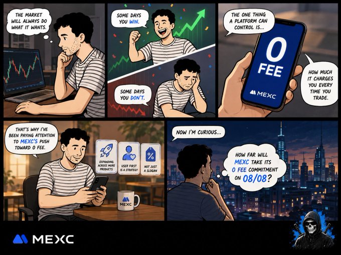 A comic strip advertisement for the crypto exchange MEXC, depicting a man trading on his phone and discussing '0 FEE' trades, ending with the question 'How far will MEXC take its 0 fee commitment on 08/08?'.