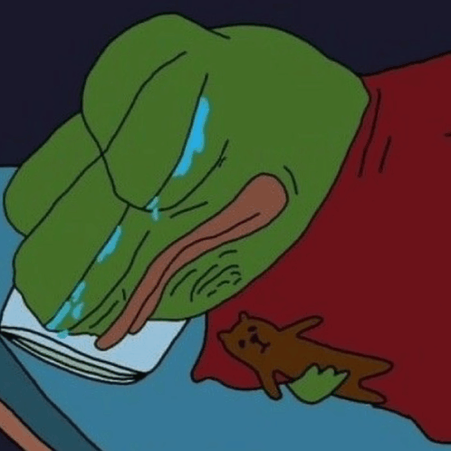 The image shows a crying Pepe the Frog wiping his tears with a tissue, with a small dead cat lying beside him on a red blanket. This poignant illustration captures the heartbreak of the post's narrative about cryptocurrency users experiencing multiple setbacks—first losing funds on a Coldcard wallet, then being further hurt by a Trezor data breach.
