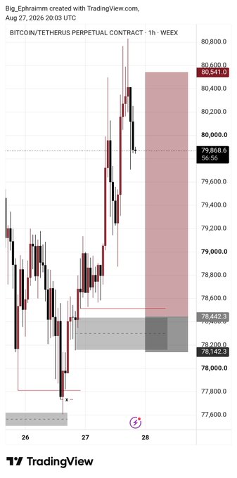 A TradingView candlestick chart for BITCOIN/TETHERUS PERPETUAL CONTRACT on WEEX, showing price action around $80,541 with a highlighted pink resistance zone on the right side.