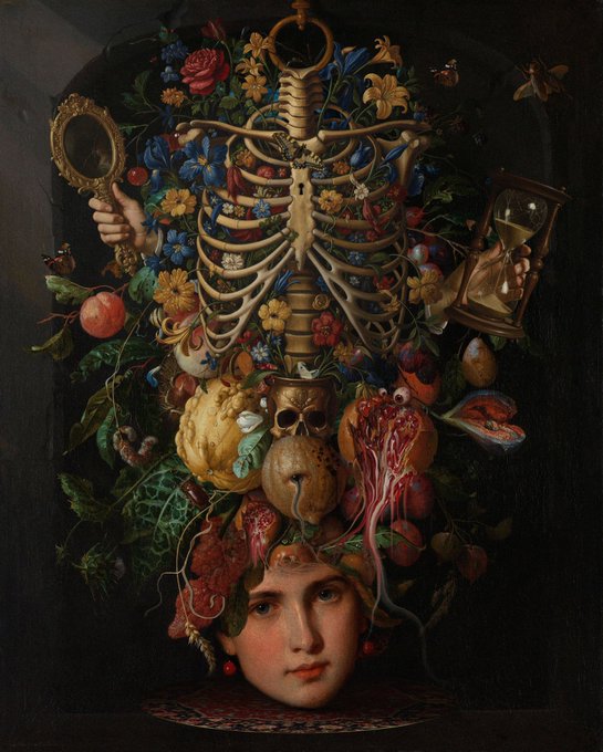 A surreal classical-style painting featuring a woman's face at the bottom supporting an elaborate, towering arrangement of a skeleton, flowers, fruits, vegetables, a skull, an hourglass, and a mirror.