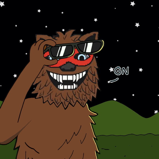 A cartoon illustration of a brown furry creature wearing sunglasses and a red mask, grinning widely against a starry night sky, with 'GN' written nearby.