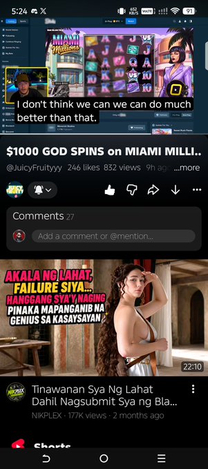 A YouTube mobile app screenshot showing a video titled '$1000 GOD SPINS on MIAMI MILLI..' by @JuicyFruityyy, with a thumbnail of a woman and Filipino text overlay.