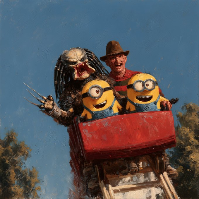 A painted illustration shows a Predator, Freddy Krueger, and two cheerful Minions squeezing together inside a red wagon. The artwork promotes an upcoming "Hot Minion Summer" NFT collection on Transient Labs, with crossover characters rendering the summer-themed 0.01 ETH mint.