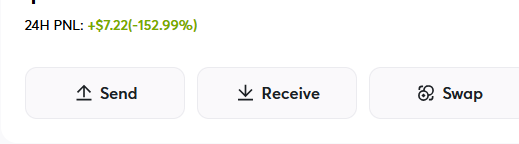 A crypto wallet interface shows a 24-hour profit/loss of +$7.221 (152.99%) in green, alongside three action buttons: Send, Receive, and Swap. The image complements the post's message of slow, steady progress, visually reinforcing the author's recovery from a small starting point through consistent gains.