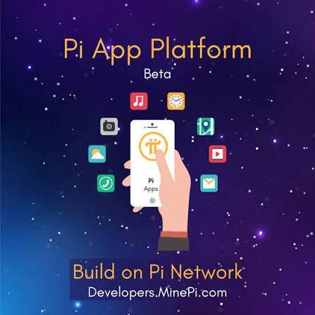 A promotional graphic for the 'Pi App Platform' (Beta) to 'Build on Pi Network,' featuring an illustration of a hand holding a smartphone displaying the Pi logo, surrounded by colorful app icons against a starry purple background.