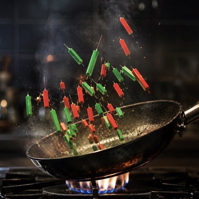 A surreal digital artwork depicting a black wok on a lit gas stove, with green and red dice appearing to be stir-fried and flying into the air amidst steam and sparks.