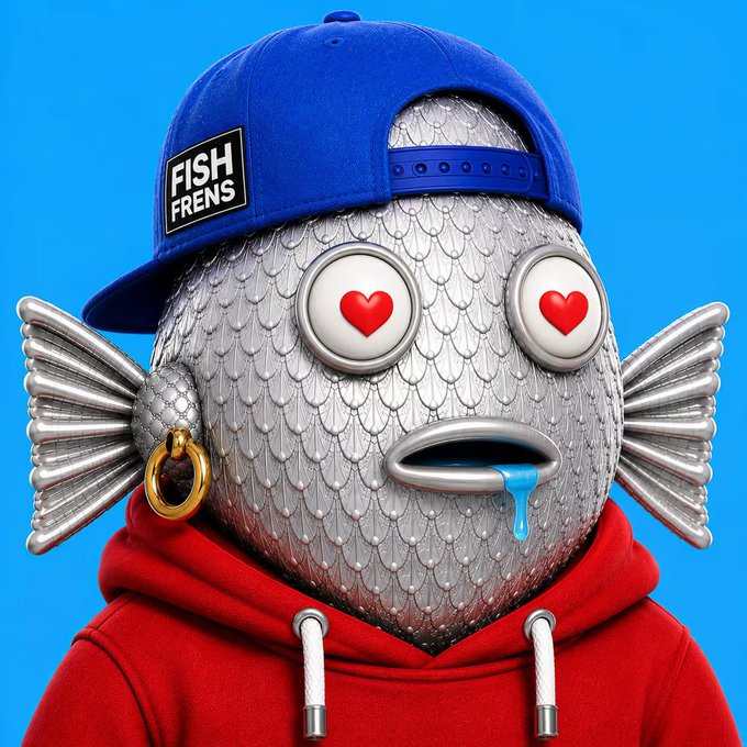 A 3D-rendered silver fish character with heart-eyes wearing a blue 'FISH FRENS' snapback hat, a gold hoop earring, and a red hoodie against a blue background.