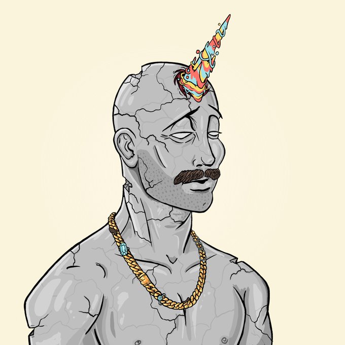 An illustration of a stone-like figure with a mustache, wearing a gold chain necklace, with a colorful horn protruding from its head.
