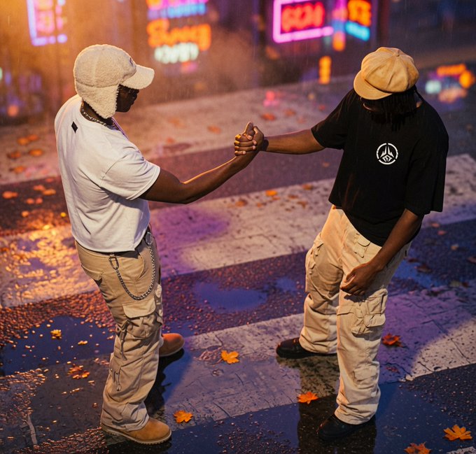 Two men wearing caps, t-shirts, and cargo pants clasp hands in a fist bump on a neon-lit city crosswalk scattered with autumn leaves.