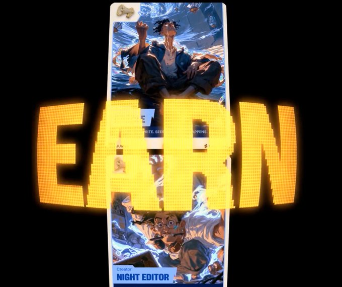 A phone screen displaying anime artwork features large, glowing yellow pixelated letters spelling 'EHAN' in the foreground, with a 'Creator NIGHT EDITOR' label visible at the bottom.