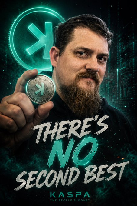The image features a man with a beard holding up a coin, which has an "K" symbol on it. The caption of the image reads "There's no second best", indicating that there are two options for this particular coin or item being sold by KASPA.