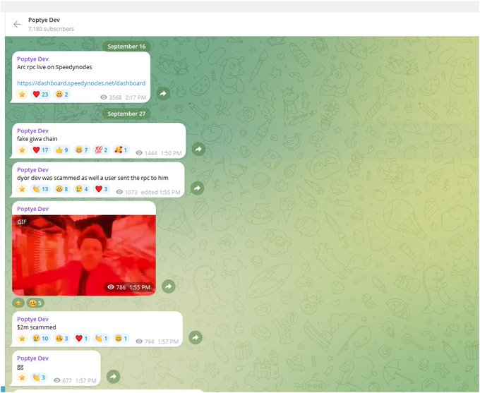 Telegram chat from 'Poplyte Dev' (7,180 subscribers) with messages dated September 16 and September 27, including links to Speedynodes dashboard, mentions of 'fake gwa chain', '$2m scammed', and a GIF post.
