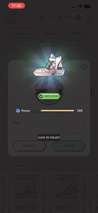 A mobile game screen showing an NFT sneaker reward with 100 Power Rating and -2 Point, displaying a claim option for 7,493,310R$ tokens.