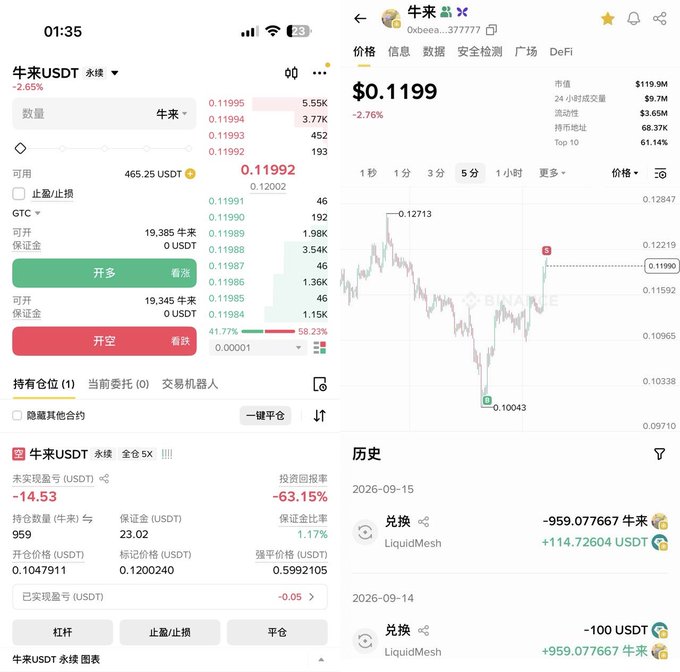Two mobile app screenshots displaying cryptocurrency trading information in Chinese for '牛来USDT', showing a price of $0.1199 with trading charts, positions, and history on what appears to be the Binance platform.