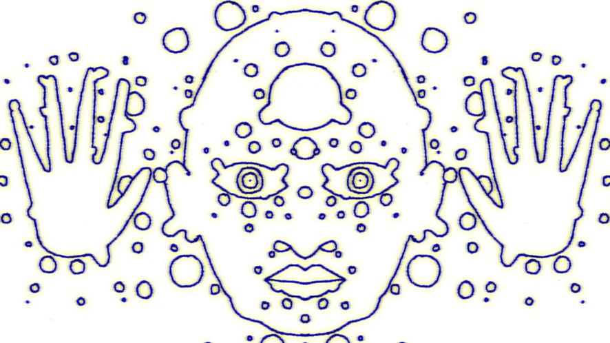 The image features a hand-drawn illustration of a face with dots, giving it an artistic and unique appearance. The face appears to be made up, possibly resembling a cartoon character or a person with a distinctive style. The drawing includes two hands positioned in front of the face, adding to its overall visual appeal. The image also contains text that reads "5 editions of this hand drawn GIF are avail on objkt". This suggests that there might be multiple copies of the same illustration available for purchase or distribution.