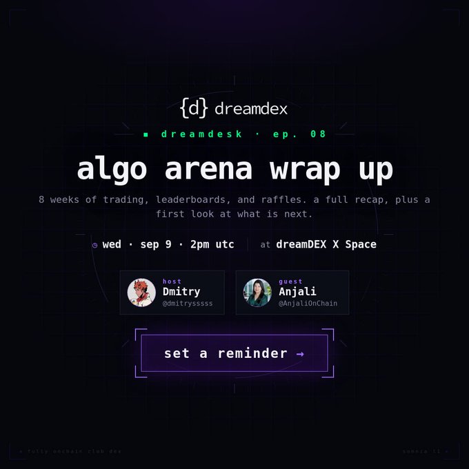 A promotional graphic for 'dreamDEX dreamdesk ep. 08' advertises an 'algo arena wrap up' event on 'wed • sep 9 • 2pm utc' at 'dreamDEX X Space', featuring host 'Dmitry (@dmitryssss)' and guest 'Anjali (@AnjaliOnChain)', with a 'set a reminder →' button.