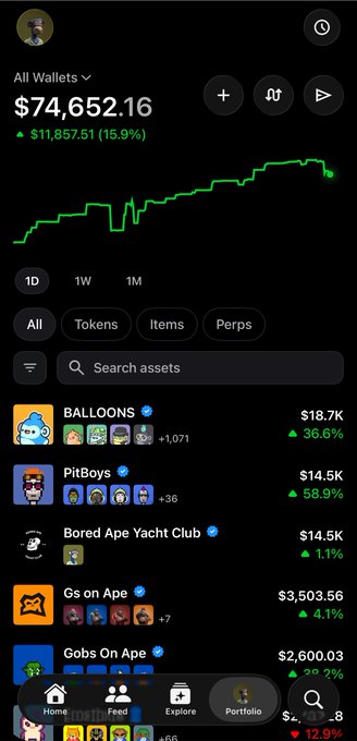 A screenshot of a crypto wallet portfolio showing a total balance of $74,652.16 with a $11,857.51 (15.9%) gain, highlighting NFT collections like BALLOONS ($18.7K), PitBoys ($14.5K), and Bored Ape Yacht Club ($14.5K). The image serves as a visual endorsement of NFT trading success to promote the creator's OpenSea profile (opensea.io/RFDZ) and encourage followers to join them.