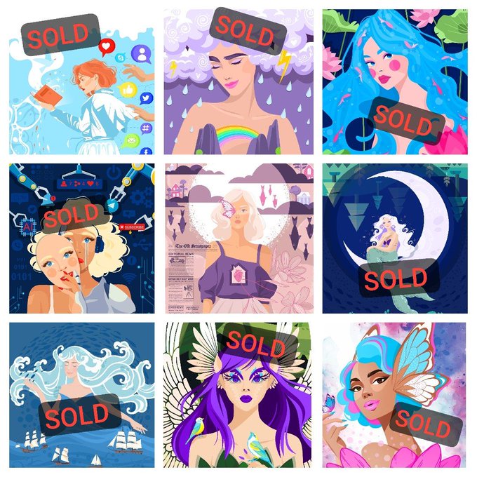 A 3x3 grid collage of nine colorful, vibrant digital art portraits featuring various female figures with fantasy and surreal elements, each stamped with a bold red "SOLD" banner, showcasing the artist's sold 1/1 NFT collection on objkt.com.