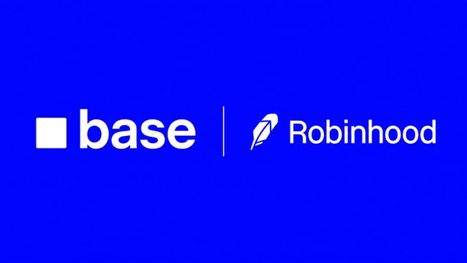 The image features a blue background displaying the white "base" logo alongside the "Robinhood" logo with its feather icon, separated by a vertical line. It visually represents the "Base > Robinhood" comparison, suggesting Base is being presented as the superior platform or choice over Robinhood.