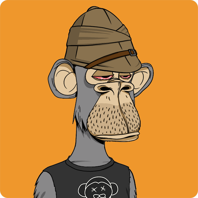 A cartoon illustration of a gray gorilla wearing a brown detective cap and a black t-shirt featuring a white Bored Ape-style logo, set against a solid orange background.