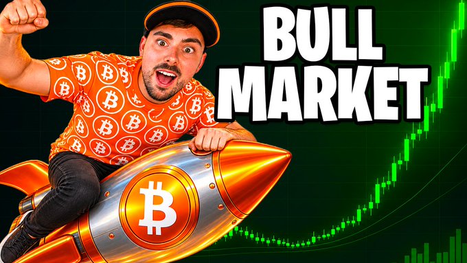 A YouTube thumbnail-style image with bold white text reading 'BULL MARKET', showing a man in a Bitcoin-patterned shirt riding a gold Bitcoin rocket against a green stock chart background.