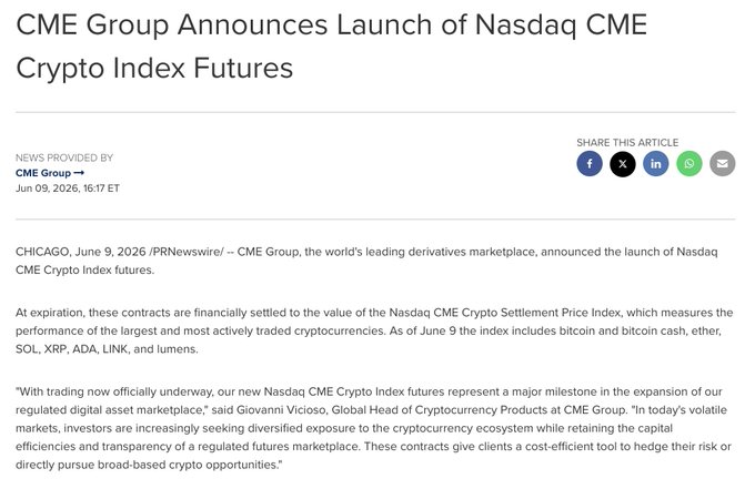 The image is a screenshot of an article about CME Group launching Nasdaq Crypto Index Futures. It appears to be part of a news bulletin or feature piece. The text is displayed prominently against a grey background, making it easy to read. The focus of the article is on Bitcoin and other cryptocurrencies, as well as a cryptocurrency tracking index fund. In the image, there are several buttons, including one for sharing this information with others through social media, highlighting its reach and potential impact. Overall, the image captures the attention of viewers by showcasing the details of CME Group's latest launch or announcement related to crypto markets.