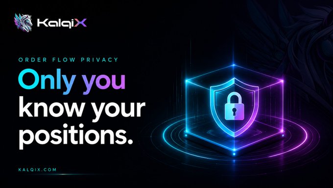 A dark promotional banner for "KalqiX" with the text "ORDER FLOW PRIVACY" and "Only you know your positions," featuring a glowing 3D shield and padlock graphic.