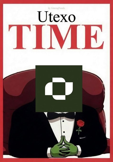 A parody of a TIME magazine cover titled 'Utexo TIME' by AmongPanda, featuring a figure in a tuxedo with green hands and a crypto logo over their face.