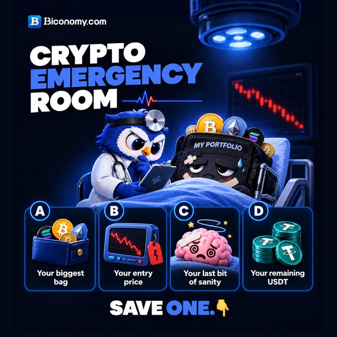 A graphic titled "CRYPTO EMERGENCY ROOM" from Bconomy.com, depicting an owl doctor tending to a bag marked "MY PORTFOLIO" in an ICU, asking them to "SAVE ONE" between four options: biggest bag, entry price, last bit of sanity, or remaining USDT.