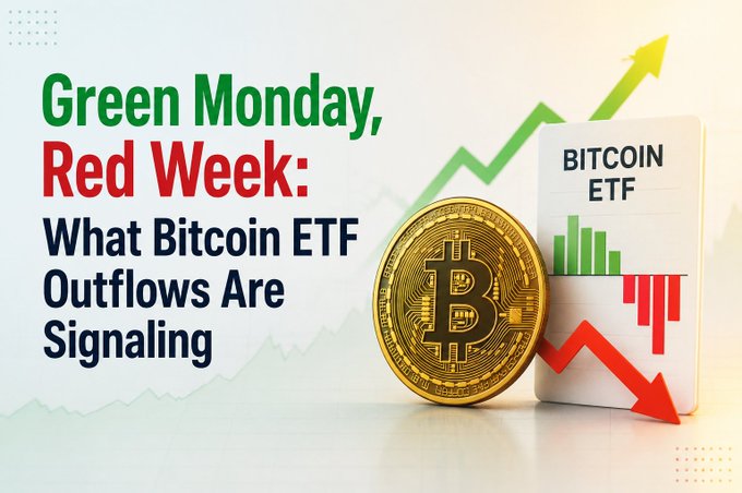 A financial graphic titled 'Green Monday, Red Week: What Bitcoin ETF Outflows Are Signaling' featuring a gold Bitcoin coin and a 'BITCOIN ETF' card with green upward and red downward arrows.
