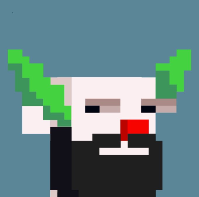 A pixel art image of a figure wearing a green leaf crown and a black beard is the image. The post praises a team's achievement of stealth minting and selling out a 480-piece NFT collection on Sui, along with building a marketplace, and the pixel art likely serves as a profile picture or mascot representing the NFT project being highlighted.