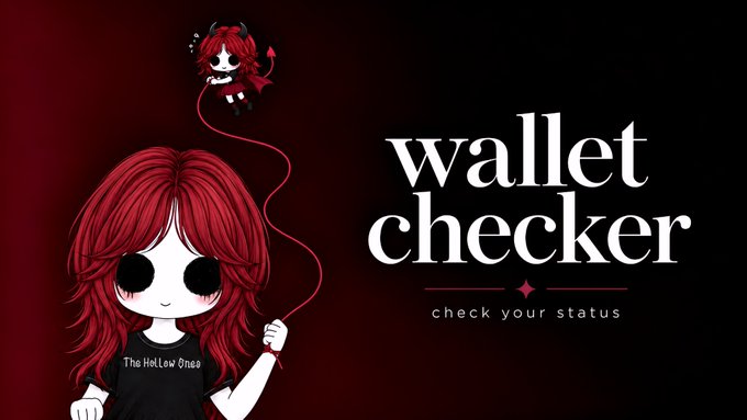 A logo design features a cartoon girl with red hair and black button eyes wearing a shirt that reads 'The Hollow Vines', next to the text 'wallet checker check your status' on a dark red background.