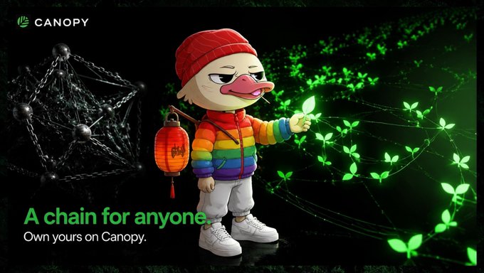 An advertisement for 'Canopy' featuring a cartoon character in a rainbow hoodie and red beanie holding a lantern, surrounded by glowing green plants and chains, with the text 'A chain for anyone.'