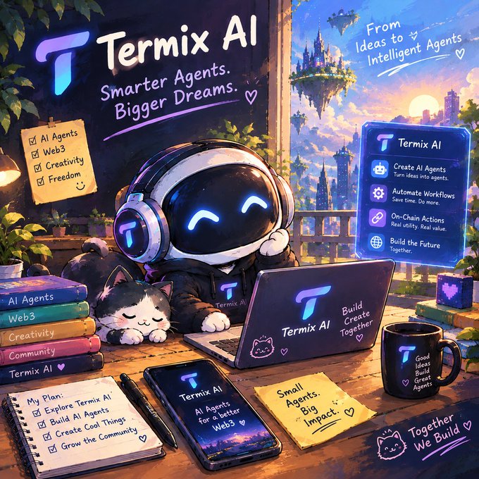 A promotional illustration for 'Termix AI' features a robot mascot with headphones working on a laptop, surrounded by books, a phone, sticky notes, and a mug, with text reading 'Smarter Agents. Bigger Dreams.'