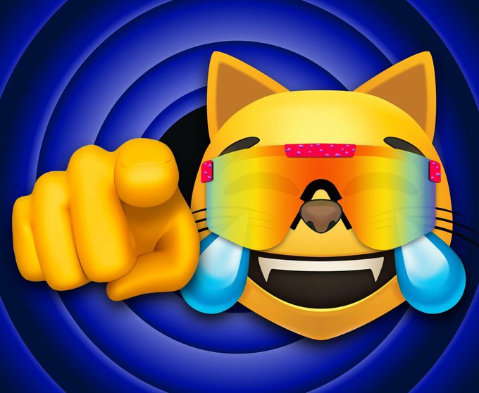 A cartoon yellow Shiba Inu dog character wearing iridescent sunglasses, pointing at the viewer with a confident expression against a blue spiral background, reminiscent of a dog-themed memecoin mascot.