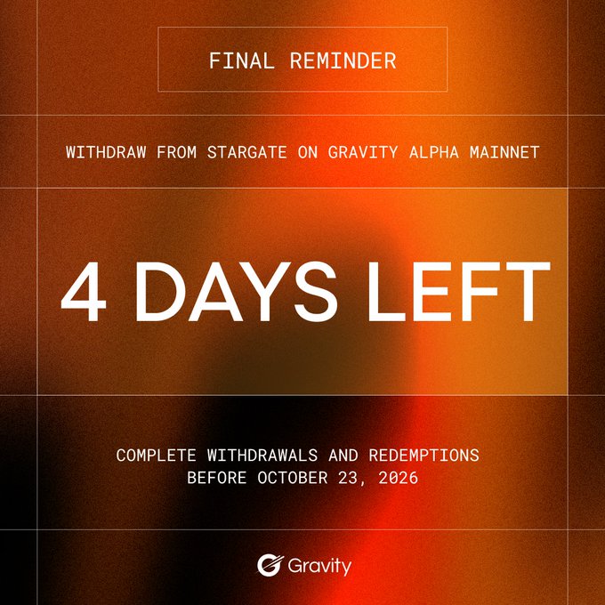 A final reminder graphic with an orange background announcing "4 DAYS LEFT" to withdraw from Stargate on Gravity Alpha Mainnet before October 23, 2026.