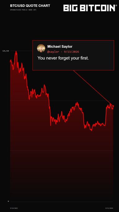 A BTC/USD quote chart from Big Bitcoin showing a declining red line graph with a tweet overlay from Michael Saylor (@saylor) dated 9/13/2026 that reads 'You never forget your first.'