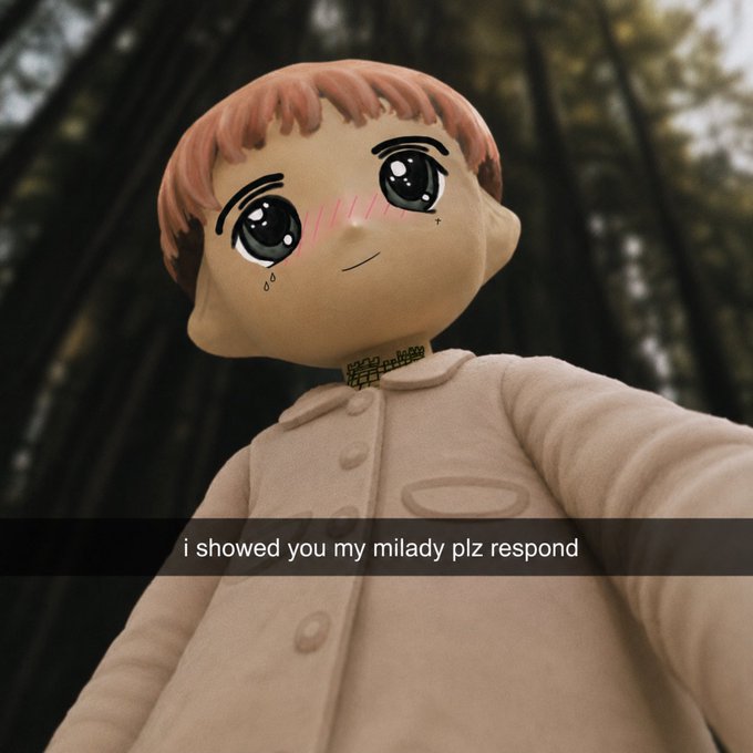 A plush doll with anime-style eyes and pink hair is photographed in a forest setting, with the text 'i showed you my milady plz respond' overlaid on the image.