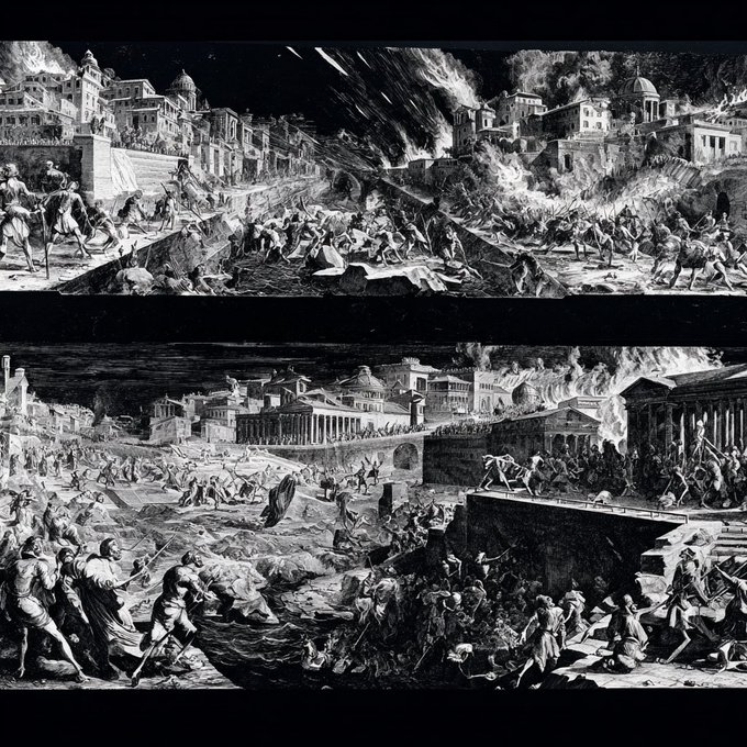 The image displays two dramatic black-and-white illustrations depicting scenes of ancient destruction, with crowds fleeing and buildings ablaze—evoking historical catastrophes like the burning of Rome or Pompeii.

The contrast between the post's discussion of building trust from on-chain operational records and the image of civilization in chaos may suggest that without verifiable reputation systems, agents (or societies) risk catastrophic collapse—the orderly infrastructure shown being reduced to ruin highlights why establishing trust from existing records matters before disaster strikes.
