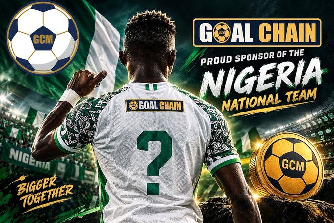 A Nigerian national team soccer player, viewed from behind wearing a white jersey with green trim and the number 2 featuring the "GCM" Goal Chain logo on the back, stands on a pitch against a stadium backdrop with "GOAL CHAIN - PROUD SPONSOR OF THE NIGERIA NATIONAL TEAM" and "BIGGER TOGETHER" prominently displayed. The image promotes Goal Chain's sponsorship of the Nigerian national team, supporting the post's announcement of direct talks with a prominent Nigerian national team star to appear at their Mainnet Launch event.