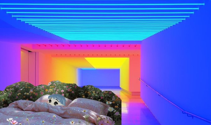 The image features a colorful room with blue walls, yellow stripes, and pink flowers. In the center of the room, there's a bed covered with white sheets and a pillow featuring a cartoon character. The room appears to be a bedroom or a living space designed for relaxation and comfort.