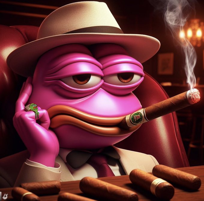 A 3D rendering of a purple Pepe the Frog character wearing a white fedora and suit, smoking a cigar while holding a small green Pepe figure, sitting at a table with more cigars.