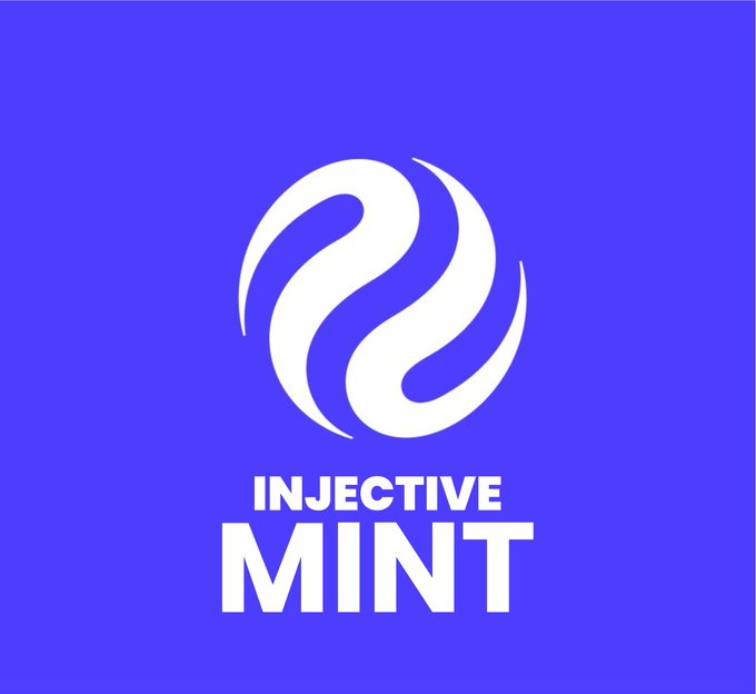 A logo on a blue background featuring a white swirling circular design with the text "INJECTIVE MINT" below it.